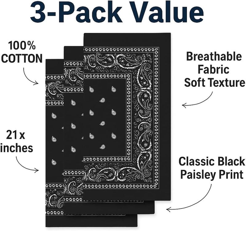 SUNRIBE 3 Pack Paisley Bandanas – 100% Cotton Square 21x21 Head Wrap, Headband, Face Cover, Neck Scarf for Men & Women - Image 2